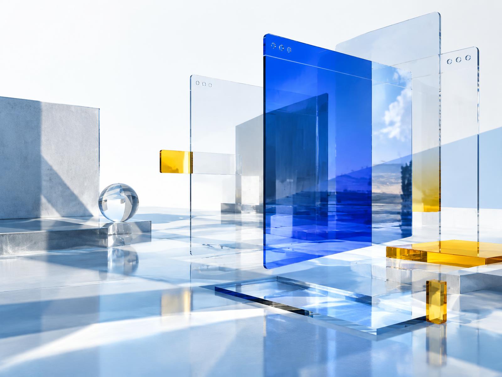 Abstrakte gläserne Browserfenster in Blau und Amber